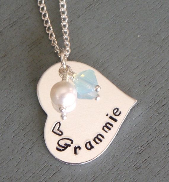 Personalized Grammie Necklace, Hand Stamped Grandma, Gift for Grandma, Grammie Jewelry, Mimi, Nonnie, Nannie, Christmas Gift for Grandma Meaningful Birthstone Jewelry For Birthday Gift, Custom Name Adjustable Heart-shaped Jewelry, Adjustable Custom Name Heart Jewelry, Adjustable Heart-shaped Custom Name Jewelry, Personalized Sterling Silver Birthstone Necklace For Wedding, Personalized Silver Birthstone Necklace For Wedding, Silver May Birthstone Necklace For Wedding, Silver Wedding Birthstone Necklace, Personalized Silver Jewelry For May Birthstone