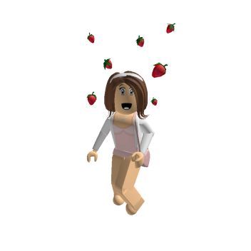 a woman is flying through the air with strawberries on her head and eyes open