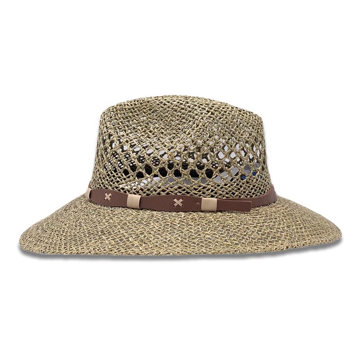 Shape: Panama Hat, Indiana StyleMaterial: SeagrassSize: Medium & Large Brim: 3.25”Color: GreenDetail: "Band" (Toquilla)Hat Care: Always handle your hat by the top. Do not place hat with brim on the surface, it will cause it to flatten the brim. Always Brim turned up.To dust off, use a soft brush.To remove stains, wipe with a cloth, then let it dry naturally with the brim turned up.Steam it to shape if necessary.Misshapen flat brim straw hats can be shaped carefully with a lukewarm - not hot Country Style Straw Hat With Woven Detail, Straw Visor Sun Hat For Kentucky Derby, Country Style Straw Fedora Hat, Country Style Woven Sun Hat With Flat Brim, Country Style Woven Flat Brim Sun Hat, Adjustable Woven Fedora With Short Brim, Country Style Woven Brimmed Sun Hat, Country Style Woven Panama Hat, Country Style Straw Brimmed Hats