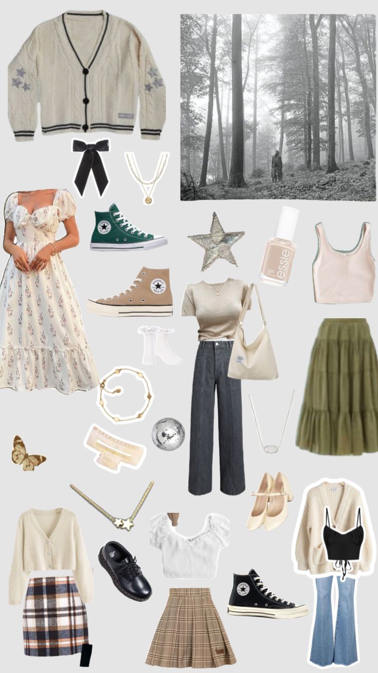 an assortment of clothing and accessories arranged in the shape of a collage with trees