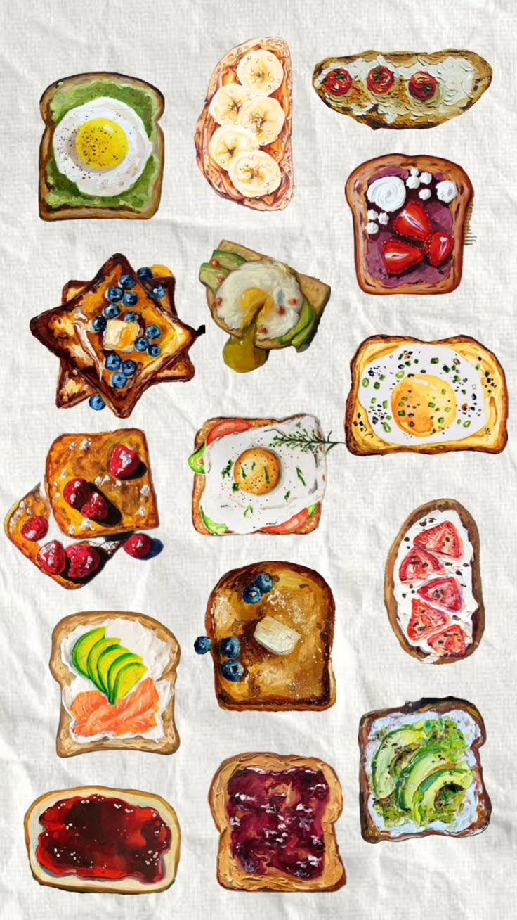 some toasted breads with different toppings and fruit on them sitting on a piece of white paper