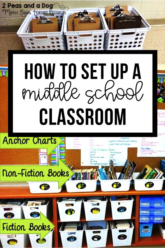 classroom organization with baskets and books on the shelf