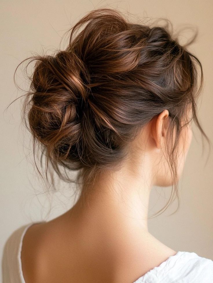 Unlock the potential of your medium-length locks with 34 stunning messy bun ideas. These versatile updos add instant style to any outfit. Master the art of creating texture and volume for a perfectly undone look. From romantic loose buns to sleek twisted knots, find the ideal style for every occasion. Elevate your hair game with these effortlessly chic hairstyles. Low Messy Bun Formal, Hair Up Medium Length, Bun With Medium Length Hair, Bun Hairstyles For Medium Length Hair, Medium Hair Messy Bun, Hairstyles For Medium Length Hair Updo, Messy Bun For Medium Length Hair, Messy Bun Medium Length Hair, Low Messy Bun Wedding Hair