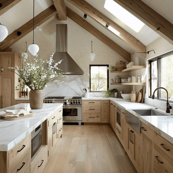 a large kitchen with wooden cabinets and white counter tops, along with an island in the middle