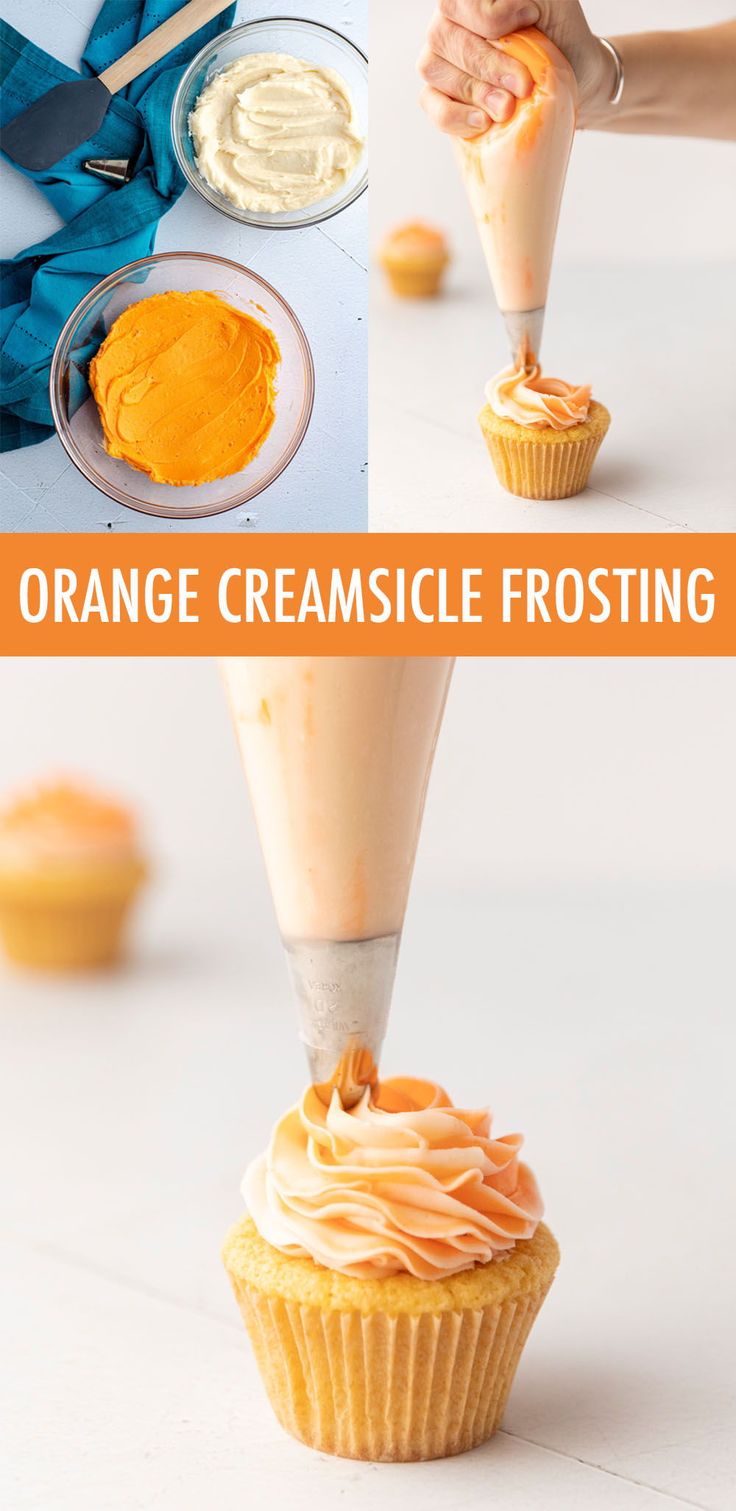 an orange creamsice frosting being poured onto a cupcake