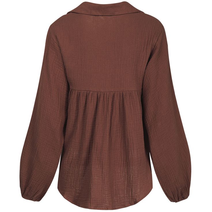 Coffee Lapel Loose Style Lantern Long Sleeve Blouse Brown Solid Color Tops For Work, Collared Brown Blouse For Spring, Spring Collared Brown Blouse, Brown Collared Spring Blouse, Brown Collared Blouse For Spring, Brown Long Sleeve Solid Color Blouse, Brown Long Sleeve Solid Blouse, Brown Solid Color Blouse For Fall, Casual Brown Collared Blouse