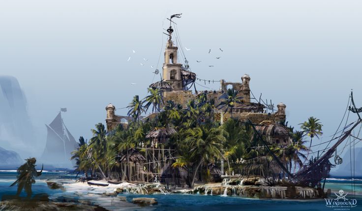 an island in the middle of the ocean surrounded by palm trees and people on it