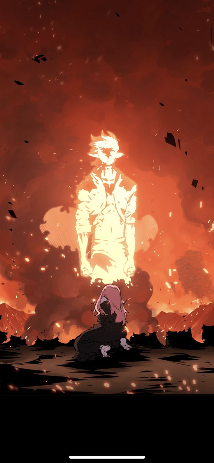 an animated image of a man standing in the middle of a fire filled sky with flames