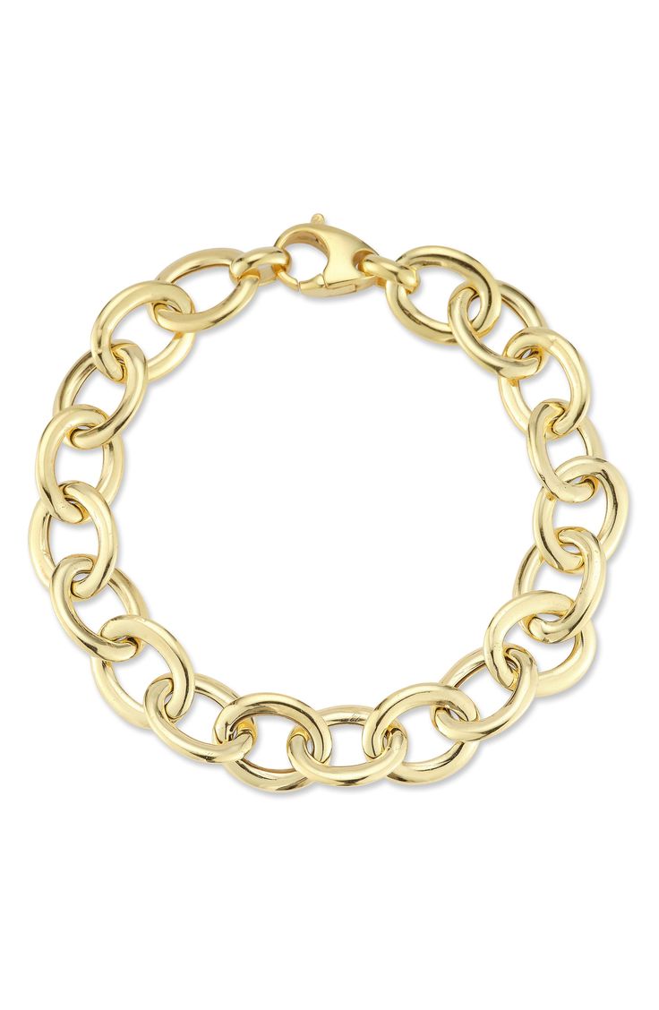 Stretched oval links fashioned from fine metals bring an enduring shine and heavy-metal finish to your street style. 8" length Lobster clasp Rhodium plated or 14K gold plated sterling silver Imported Traditional Bracelet, Aquarius Sun, Link Chain Bracelet, Bracelet Design, Gold Plated Sterling Silver, Bracelet Designs, Link Chain, Womens Jewelry Bracelets, Link Bracelets