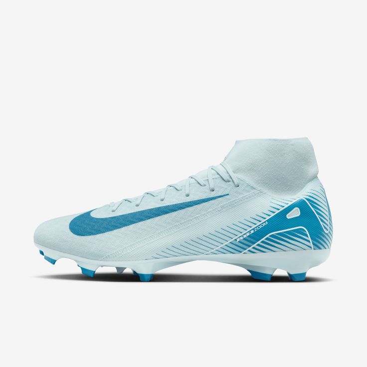 the nike merance soccer shoe is shown in white and light aqua blue tones