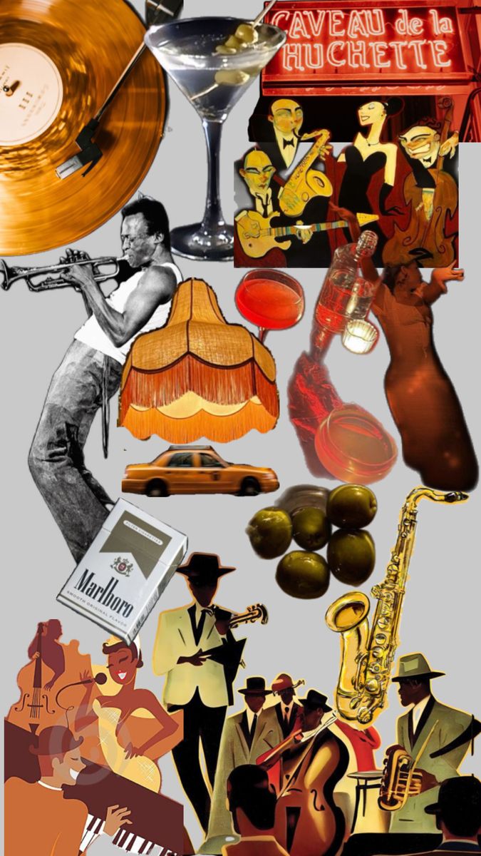 a collage of various items that include an old record player, saxophone and other musical instruments