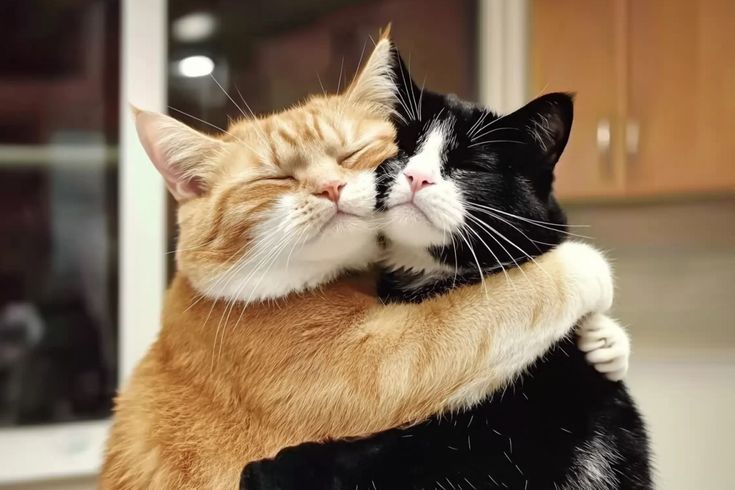 two cats are cuddling together in the kitchen