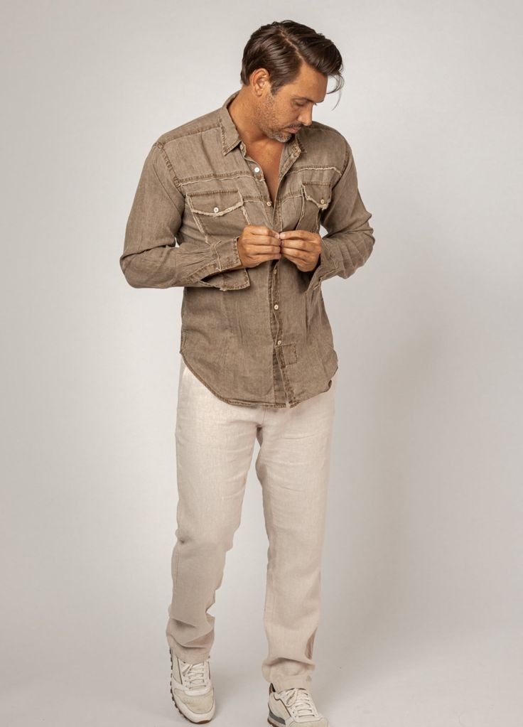 From pier gazing to beach strolling, you’ll exude style and ruggedness in this light purple linen button down shirt. The long sleeve 2 pocket button down shirt with unfinished edges Featuring double breast pockets with frayed edges and crisp stitching, offers a relaxed yet rustic look. Made with 100% premium linen, you’ll love its texture and sublime softness.#1031 Claudio Milano unique creative Italian Linen style fashion design Unstructured Shirt With Pockets For The Beach, Unstructured Beach Shirt With Pockets, Beige Linen Shirt With Pockets, Beach Linen Shirt With Buttons, Beige Linen Beach Shirt, Fitted Linen Shirt With Pockets, Spring Khaki Linen Shirt, Fitted Linen Shirt For Beach, Beach Linen Shirt With Pockets