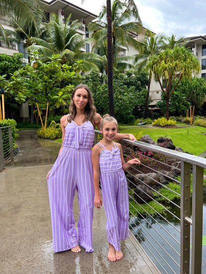 Mom & Me - Lavender Stripe Jumpsuit | Sparkle In Pink Lavender Casual Jumpsuits And Rompers For Spring, Casual Lavender Jumpsuits And Rompers For Spring, Casual Lavender Jumpsuits And Rompers For Summer, Casual Sleeveless Jumpsuit And Romper Matching Set, Casual Sleeveless Jumpsuits And Rompers Matching Set, Casual Sleeveless Jumpsuit And Romper Set, Spring Casual Jumpsuits And Rompers Matching Set, Striped Sleeveless Jumpsuits And Rompers For Spring, Sleeveless Striped Jumpsuits And Rompers For Spring