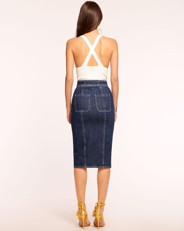 Marietta High-Waisted Denim Skirt in dark wash | Ramy Brook High Rise Fitted Denim Blue Skirt, Fitted High Waist Dark Wash Denim Skirt, Chic Fitted Medium Wash Denim Skirt, Fitted High Waist Dark Wash Skirt, High Waist Fitted Pencil Skirt Medium Wash, Chic High Waist Dark Wash Mini Skirt, Fitted High Waist Medium Wash Skirt, Chic High Rise Denim Skirt For Spring, Chic Mid-rise Mini Skirt In Medium Wash