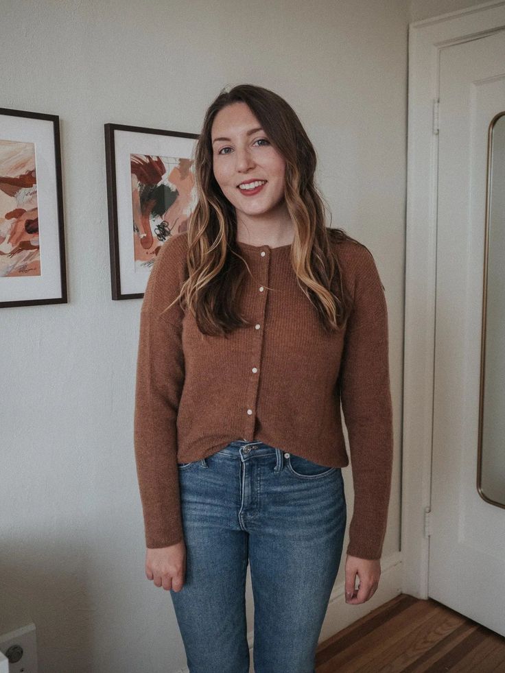 An Honest Review Of Sezane | Gaspard Jumper In Camel | W&S Sezane Cardigan Gaspard, Sezane Gaspard Jumper, How To Style A Cardigan Outfit, Gaspard Cardigan Outfit, Sezane Gaspard Outfit, Sezane Outfit Ideas, Sezane Outfits, Brown Jumper Outfit, Sezane Jumper