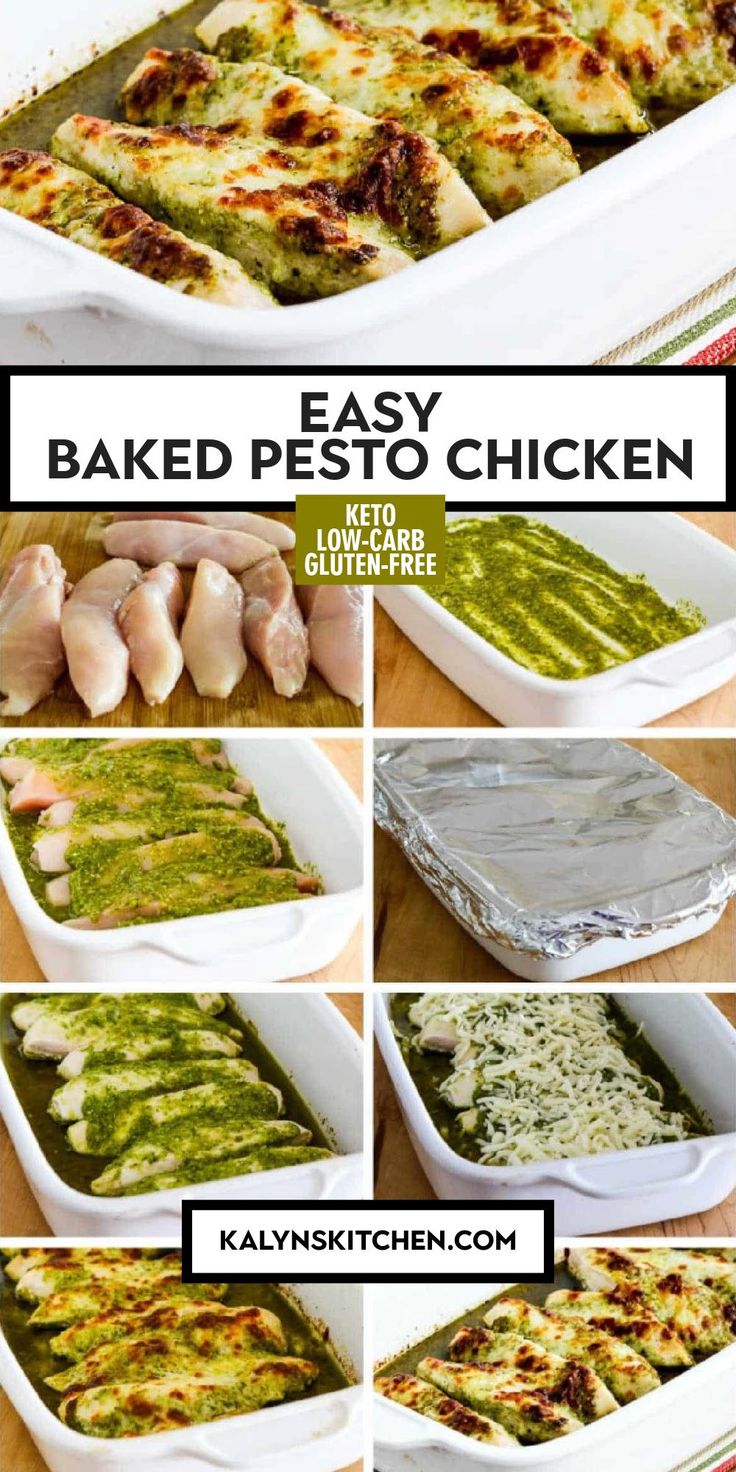 Pinterest image for Easy Baked Pesto Chicken in a white casserole baking dish on a colorful napkin, also step-by-step images of making this recipe. Chicken Pesto Foil Packet, One Pan Pesto Chicken, Pesto Feta Chicken, Pesto Aioli Chicken Bake, Chicken Pesto Recipes Baked, Pesto Chicken Recipes Baked, Low Carb Pesto Chicken, Chicken Pesto Cream Cheese, Pesto Chicken Bake Healthy