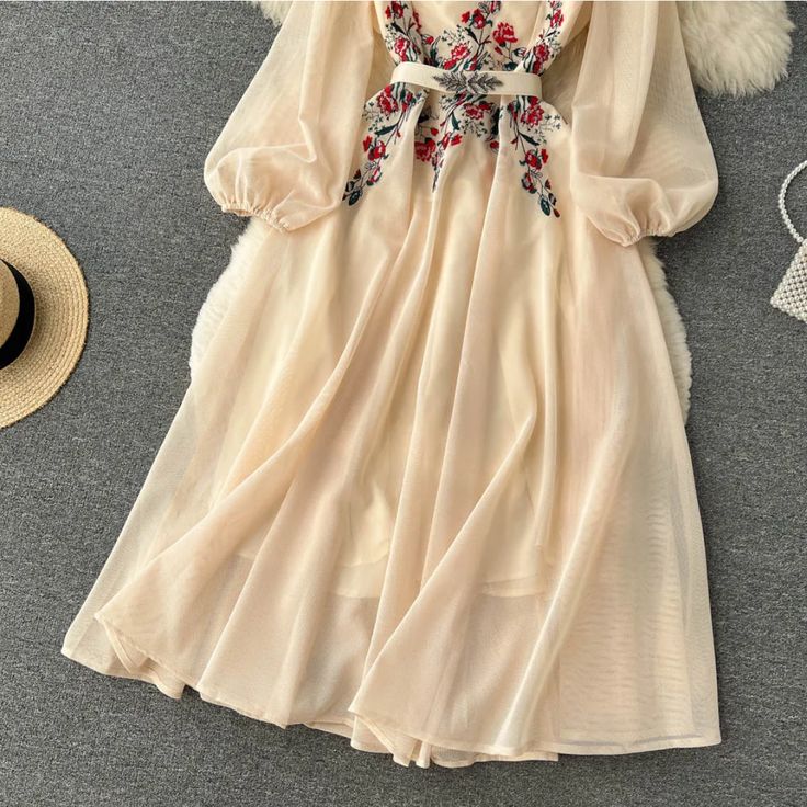 CN: GuangdongFit Type: SlimElasticity: Slight StretchOrigin: Mainland ChinaGender: WOMENMaterial: PolyesterStyle: vintageSilhouette: A-LINEPattern Type: SolidSleeve Length(cm): FullDecoration: EmbroideryDresses Length: Ankle-LengthSleeve Style: Puff SleeveWaistline: empireNeckline: O-NeckSeason: AutumnPlace Of Origin: China (Mainland)Age: Ages 25-35 Years OldType: RegularFabric Type: Chemical FiberProfile Type: AClosure Type: zipperRelease Date: Autumn 2022Material Composition: Synthetic fiber White Dress For Women, Summer Dress White, Preppy Dresses, Organza Dress, Women Long Sleeve Dress, Summer Fashion Dresses, White Dresses For Women, White Dress Summer, White Beige