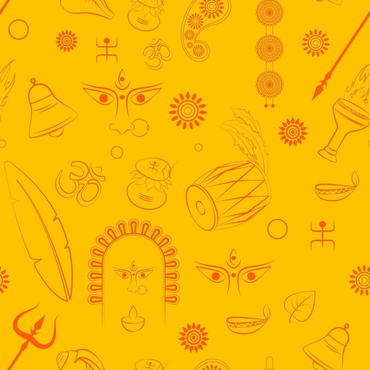 an orange and yellow background with many different designs on it, including masks and other things