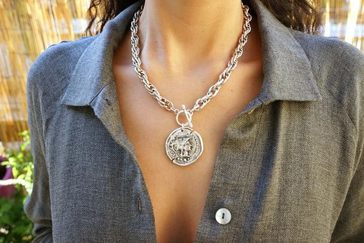 Athena Goddess Coin Pendant Silver T-clasp Locket Necklace | Etsy Ancient Greek Jewelry, Modern Silver Jewelry, Boho Jewels, Jewelry Chunky, Athena Goddess, Necklace Organizer, Greek Jewelry, Ruby Necklace, Medallion Necklace