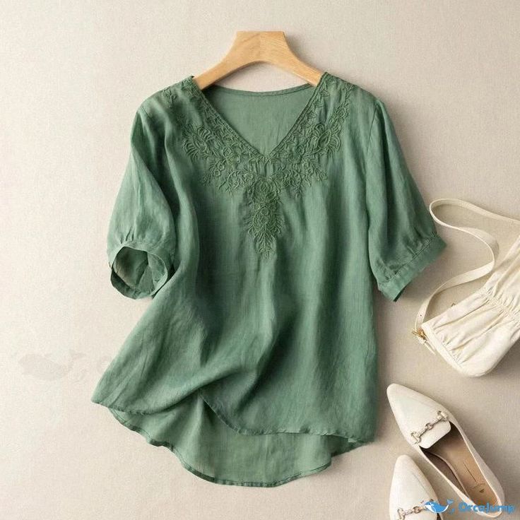 Orcajump - Cotton and Linen Short-Sleeved Shirt with Embroidered Collar, Loose Fit and Slim Design Embroidered Collars, Linen Short, Sleeveless Crop Top, Embroidered Tshirt, Pullover Shirt, Slim Design, Dance Wear, Fashion Shoes, Loose Fitting