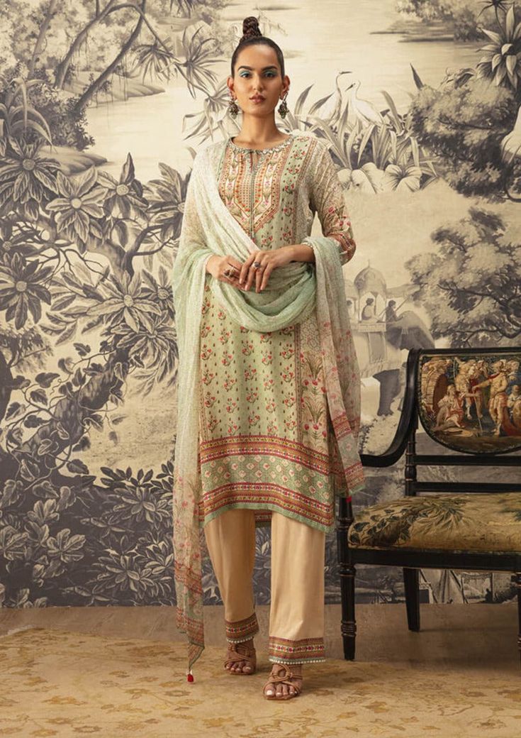 Kalista-Mint Green Straight Kurta Set-INDIASPOPUP.COM Yellow Gharara, Crepe Pants, Printed Dupatta, Checker Print, Floral Geometric, Straight Kurta, Pants Cotton, Kurta With Pants, Modern Embroidery