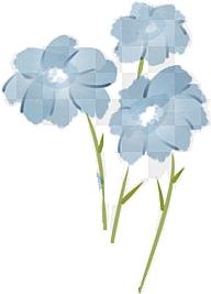 three blue flowers on a white background with squares in the shape of rectangles