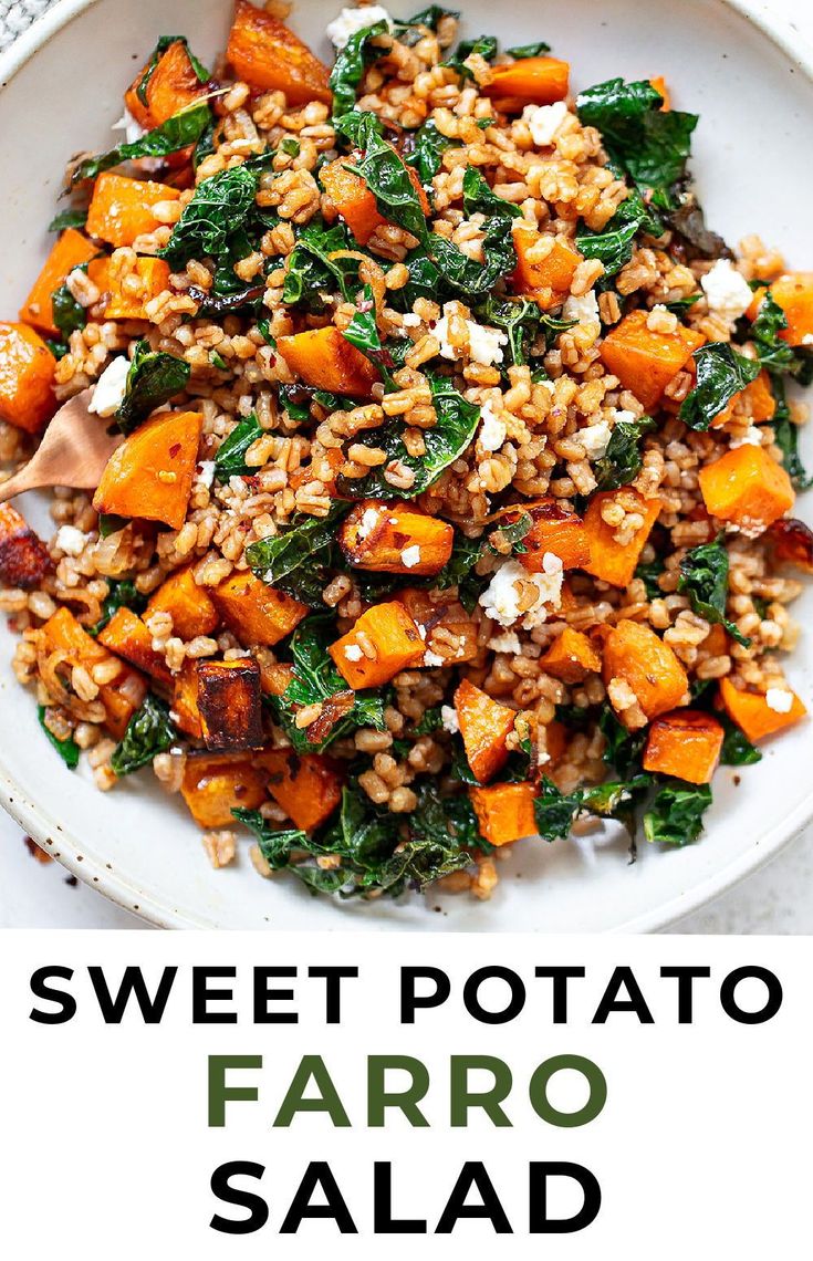 sweet potato farro salad with spinach and feta cheese in a white bowl