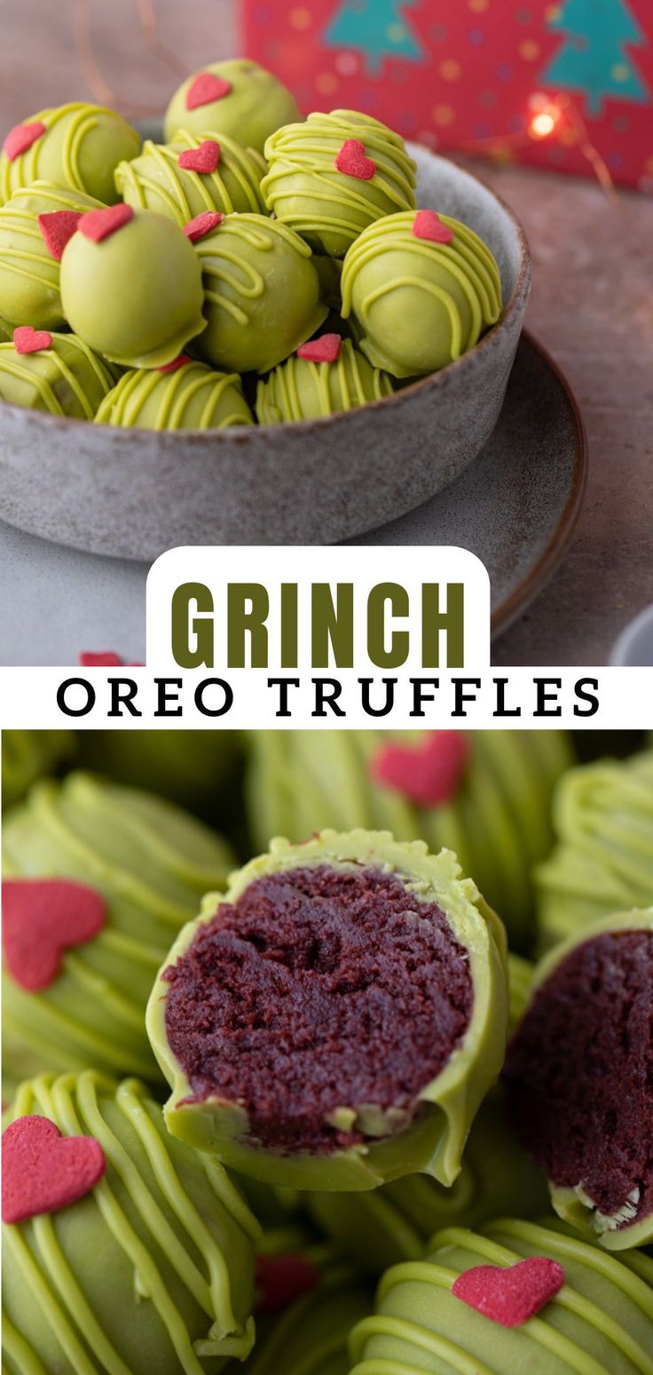 green truffles with red hearts on them and the top one is cut in half