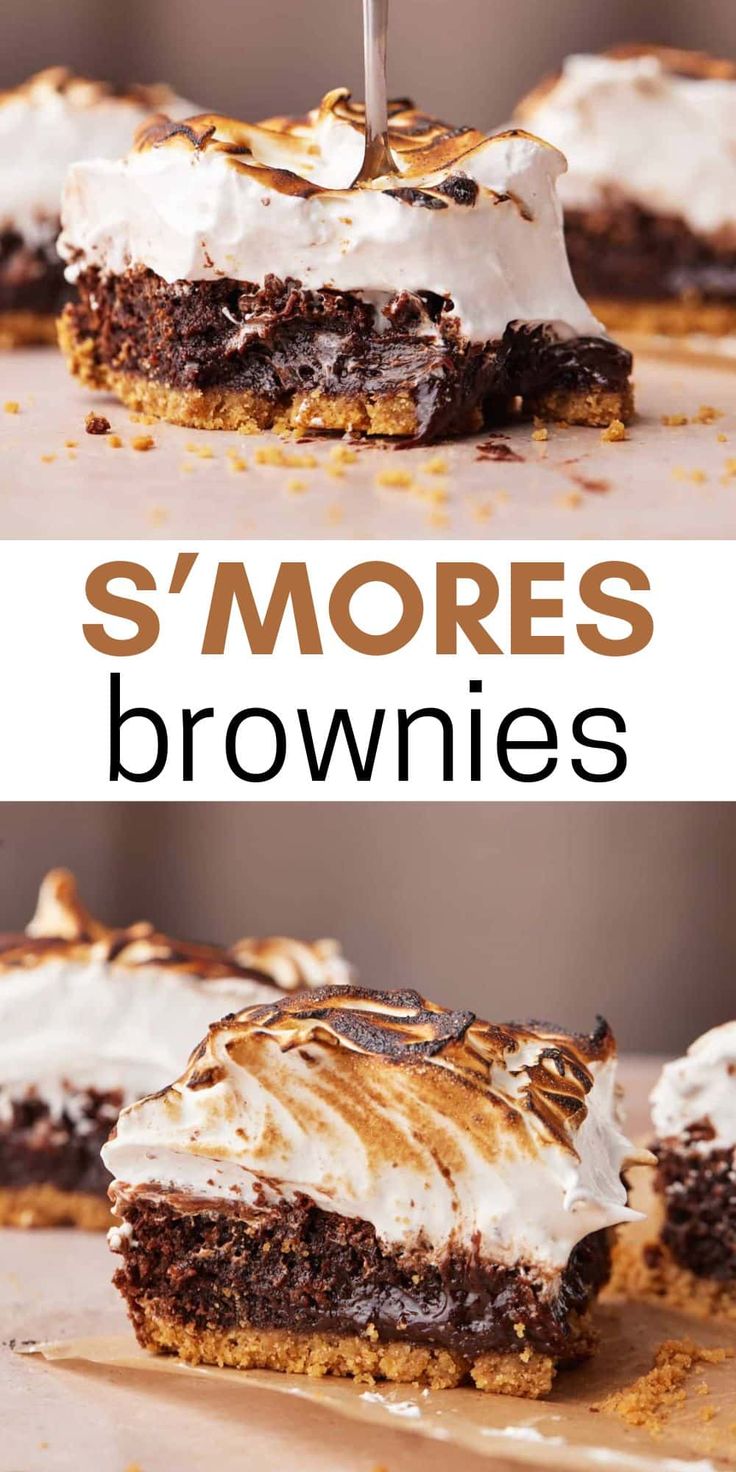 s'mores brownies with marshmallow frosting on top are shown