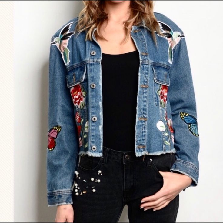 B3. Asos - Signature 8 - Maggie Embroidered Denim Trucker Jean Jacket Embroidery And Patchwork Bohemian Details. Frayed & Crop Distressed Hem Line. Size Small On Display. Measurements Are Approximate. Small: Pit To Pit 19” Length 19” Medium: Pit To Pit 20” Length 19” Large: Pit To Pit 22” Length 20” Urban Trendy Blogger Style Boho Bohemian Wanderlust Chic Gypsy Hippie Warm Cozy Fall Winter Unique Embroidered Retro Vintage Spring Denim Outerwear With Patches, Trendy Floral Embroidered Denim Jacket For Spring, Spring Denim Outerwear With Multicolor Embroidery, Trendy Denim Jacket With Floral Embroidery For Fall, Bohemian Dark Wash Denim Jacket For Spring, Trendy Floral Embroidery Denim Jacket For Fall, Bohemian Dark Wash Outerwear For Spring, Spring Bohemian Dark Wash Outerwear, Spring Denim Jacket With Patches In Dark Wash