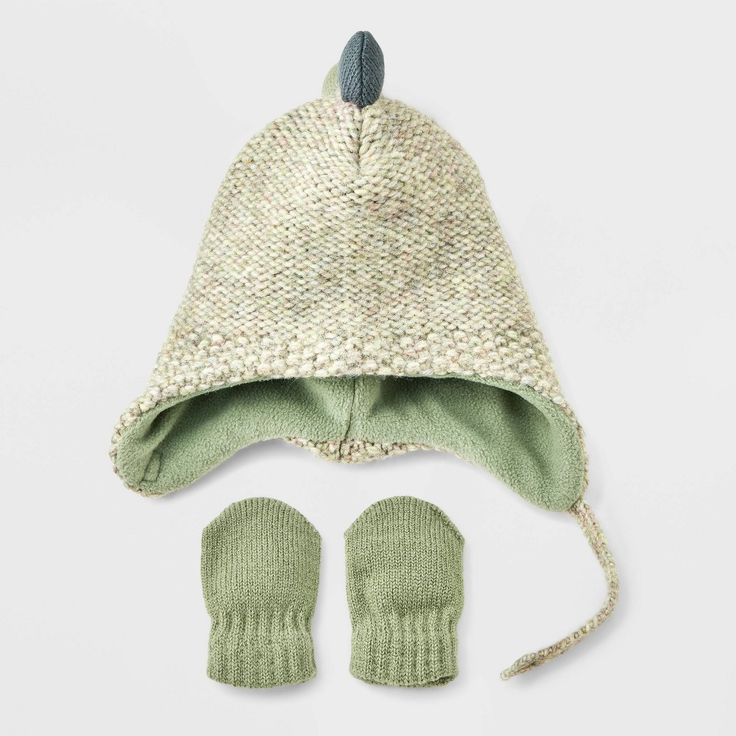 Give your baby an extra adorable look on cool-weather days with the Dinosaur Hat and Mitten from Cat & Jack™. The knitted hat features dinosaur horns and matching mittens to offer both style and warmth. Made from midweight knit fabric with full lining, they provide a soft feel and comfortable fit for your baby. Plus, the hat features a chinstrap hook-and-loop fastener to help you dress them with ease. Cat & Jack™: Designed for all children so you can trust it's made for yours. Dinosaur Hat, Bear Hat, Knitted Romper, Pom Pom Hat, Boy Clothes, Knitted Hat, Lining Fabric, Baby Boy Outfits, Baby Accessories