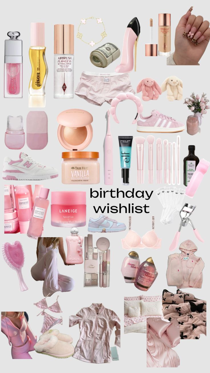 a collage of pink and white items with the words birthday wishlist on it