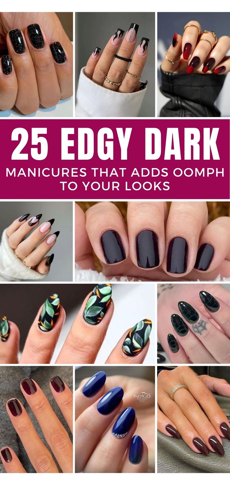 Save this pin for 25 mesmerizing dark nail ideas to unleash your inner gothic glam. Elevate your nail game and make a bold statement with these edgy designs. #DarkNails #GothicGlam #NailArtInspo Acrylic Nails With Gel Polish Design, Nail Design On Black Nails, Edgy Manicure Ideas, Gem Color Nails, Almond Nail Dip Designs, Nail Arrow Design, Hocos Pocos Nails, Gray Nails With Design Fall, Nail Designs For Short Almond Nails