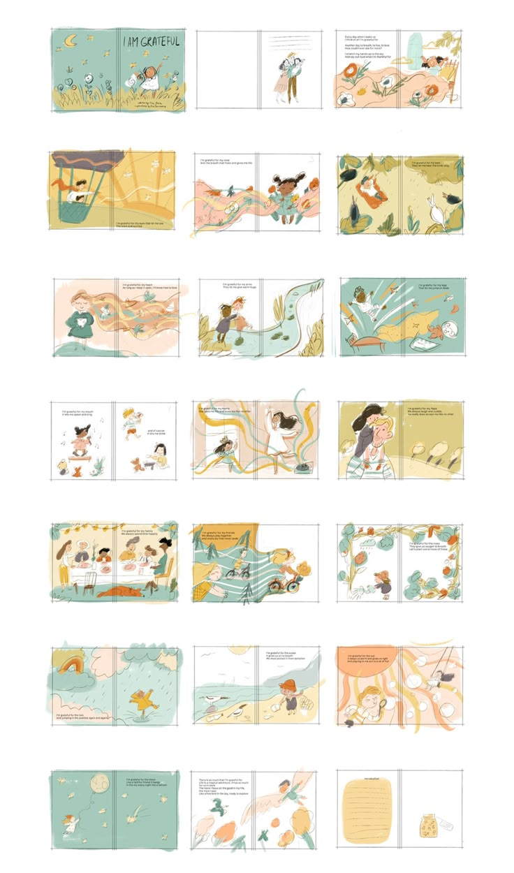 an open book with illustrations of people and animals on the pages, all in different colors