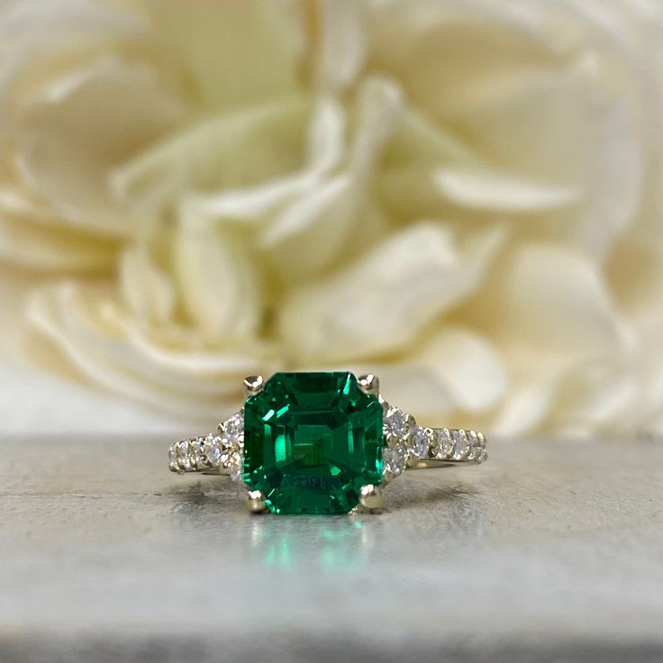 🐕 Big deals! Asscher Cut Engagement Ring / Green Emerald Wedding Ring / Emerald and Moissanite Ring / Proposal Ring / 14k Yellow Gold / #6189 only at $685.00 Hurry. #PromiseRing #BridalGift #MoissaniteRing #EmeraldRing #EngagementRing #WeddingRing #LadiesRing #AsscherCut #BirthdayGift #ProposalRing Elegant Emerald Asscher Cut Wedding Ring, Emerald Cut Rings With Side Stones For Gift, Fine Jewelry Asscher Cut Cubic Zirconia Emerald Ring, Fine Jewelry Cubic Zirconia Emerald Ring Asscher Cut, Diamond Asscher Cut Rings For May Birthstone, May Birthstone Asscher-cut Diamond Ring, Emerald Cut Jewelry With Side Stones For Anniversary, Green Moissanite Wedding Ring With Brilliant Cut, Asscher Cut Emerald Ring With Center Stone As Gift