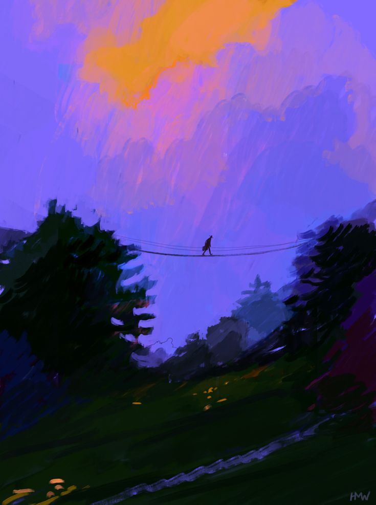 a painting of a person walking on a tight wire over a grassy field under a cloudy sky