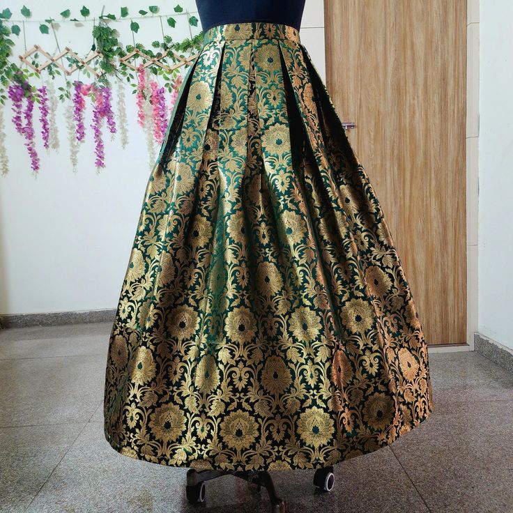 Green embroidered lehenga skirt for women. This does not include a top or dupatta. Plus size available at a small up-charge. Size: This is custom made outfit as per your size. Post your order we will send you a measurements reference sheet using which you can provide details required to make your outfit with best fit. Ghera 3.5 to 4 Meters. Fabric and work: Banarasi Silk  Delivery time: This item will take 2-3 weeks to produce after we have received your sizing details. Don't worry it can be mad Embroidered Full Skirt For Wedding, Elegant Long Semi-stitched Skirt, Anarkali Style Art Silk Lehenga, Elegant Fitted Skirt With Zari Work, Fitted Embroidered Floor-length Skirt, Elegant Festive Lehenga With Long Skirt, Elegant Semi-stitched Skirt With Traditional Drape, Fitted Saree Skirt For Reception, Floor-length Resham Embroidery Party Skirt