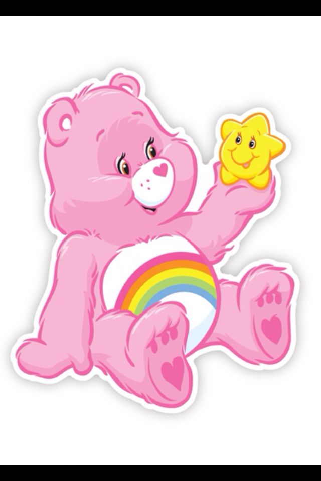 a pink teddy bear holding a rainbow star sticker on it's left hand