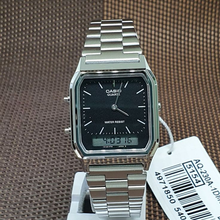 Casio AQ-230A-1D Vintage Retro Stainless Steel Black Dial Alarm Men's Watch | eBay Casio Silver Watch, Black Casio Watch, Casio Vintage Watch, Ethereal Jewelry, Casio Watches, Casio Vintage, Casio Classic, 2 Hands, Trendy Glasses