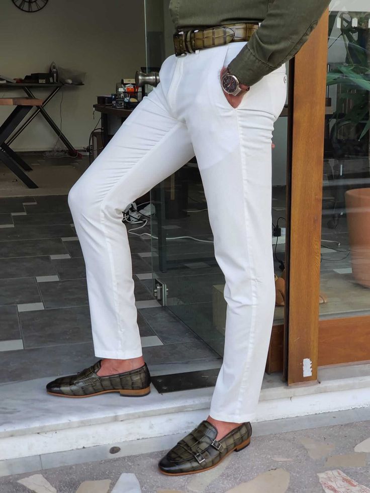 Aslan White Pants – HolloMen White Cotton Pants, Slim Fit Pants Men, Mens Fashion Casual Outfits, Cotton Chinos, Business Suit, Slim Fit Pants, Knit Shirt, White Pants, Cotton Pants