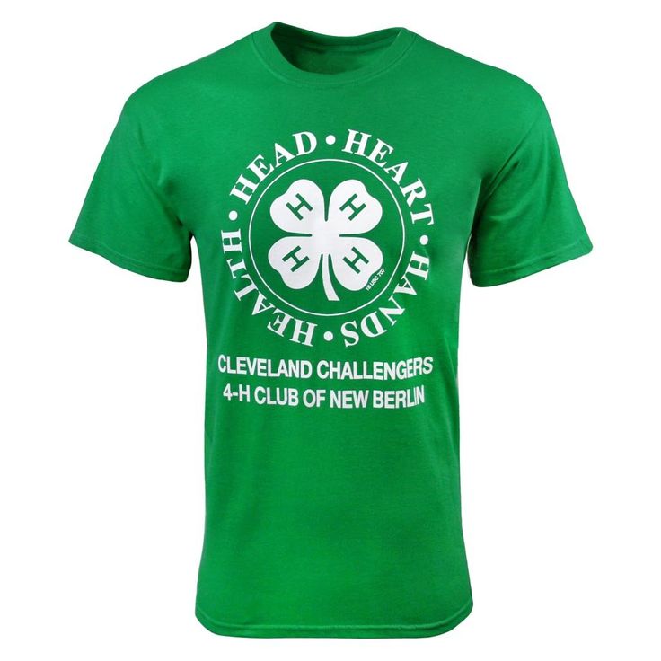 The 4-H Clover Round Logo Green T-Shirt comes in Kelly green and is made of 100% cotton. The shirt also boasts a white imprint of the 4-H clover encircled by the "Head, Heart, Hands, Health" slogan. Important Notes: You can add up to two lines of custom text; maximum of 24 characters per line. Minimum order size of 12 mixed sizes with same customization. You may order 12 mixed sizes with different lines of customization, but there will be a $5 surcharge for each shirt. Please allow 14 business d Green Fan Apparel T-shirt With Logo, Green Fan Apparel T-shirt With Logo Print, Green Fan Merchandise T-shirt With Logo, Green Logo Print T-shirt For Fan Merchandise, Green T-shirt With Logo Print For Fans, Green T-shirt For Team Spirit Fan Merchandise, Green Short Sleeve T-shirt For St. Patrick's Day, Green Pre-shrunk Band Merch T-shirt, Green Fan Merchandise T-shirt With Text Print