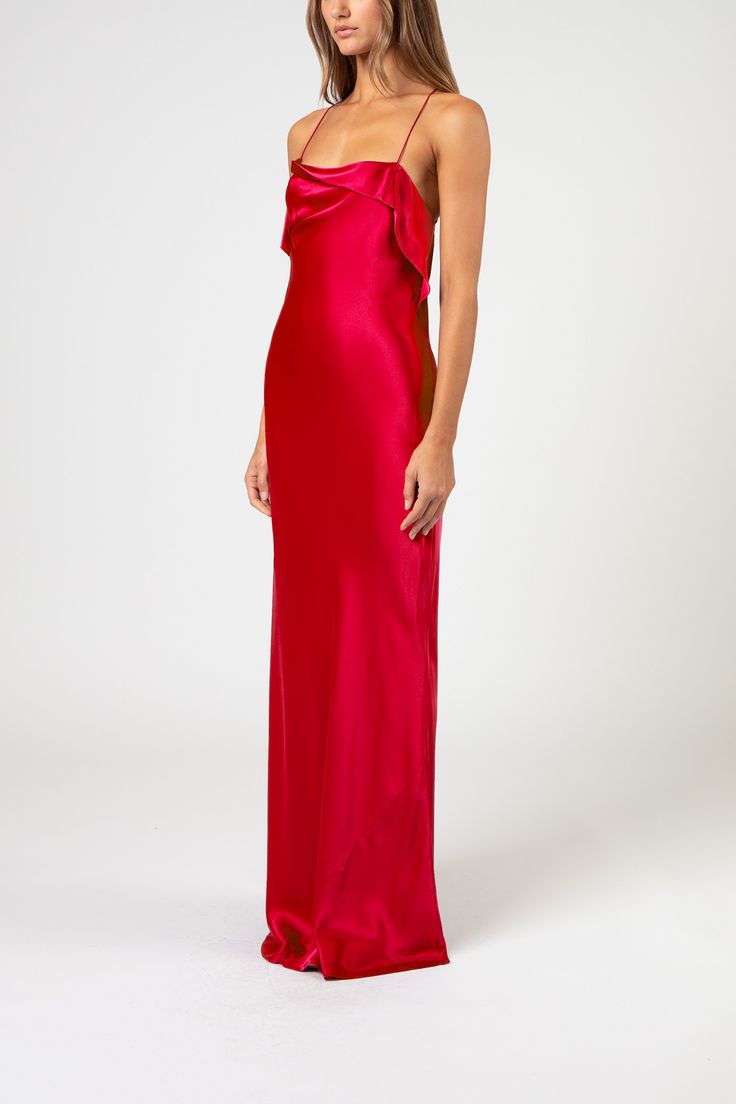 Bias gown with cowl and ruffles in pure silk satin. Features delicate spaghetti straps. Fully lined in silk. Imported. Composition: 100% silk Senior Ball Dresses, Silk Formal Dress, Girl Prom, Cute Formal Dresses, Fancy Fits, Prom Dress Inspo, Red Silk Dress, Prom Inspo, Prom 2024