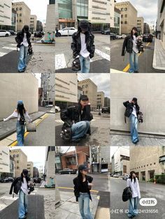 multiple shots of a woman walking down the street with her hand on her hip, and wearing jeans