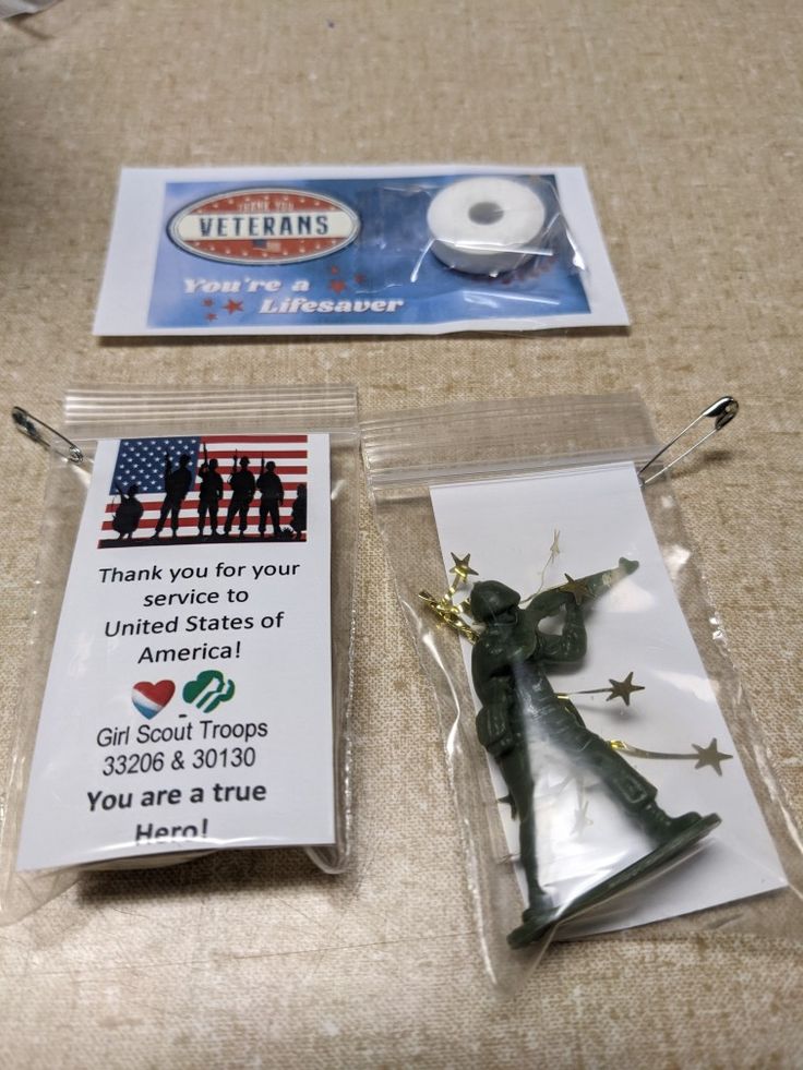 some items are sitting on a table with a thank you for your service to the united states