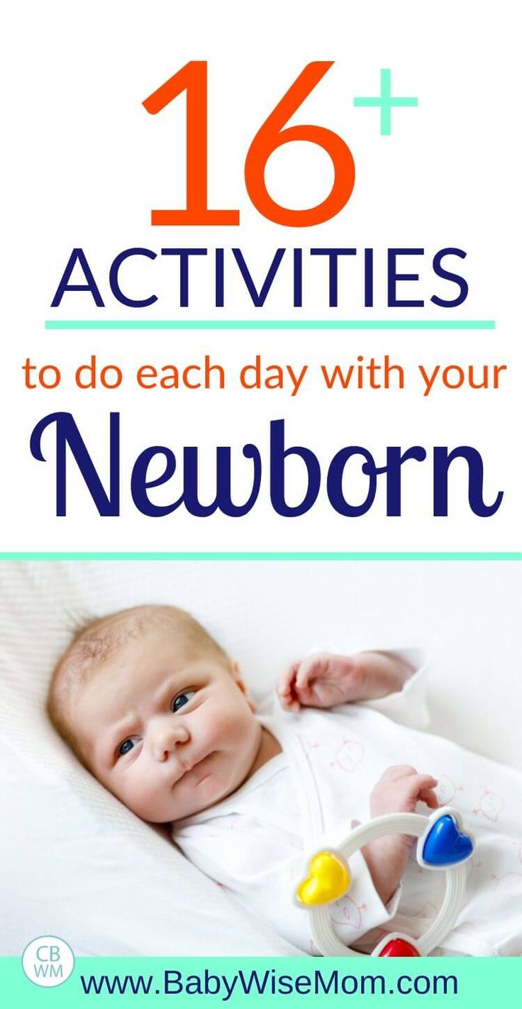 a baby laying in bed with the text 16 activities to do each day with your newborn