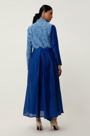 Cobalt blue jacket style angrakha with floral cutwork and yellow piping detail. Paired with matching pant. - Aza Fashions Blue Jacket Style, Floral Cutwork, Pant For Women, Pant Women, Women Kurta, Blue Silk, Pants Pattern, Cut Work, Blue Jacket