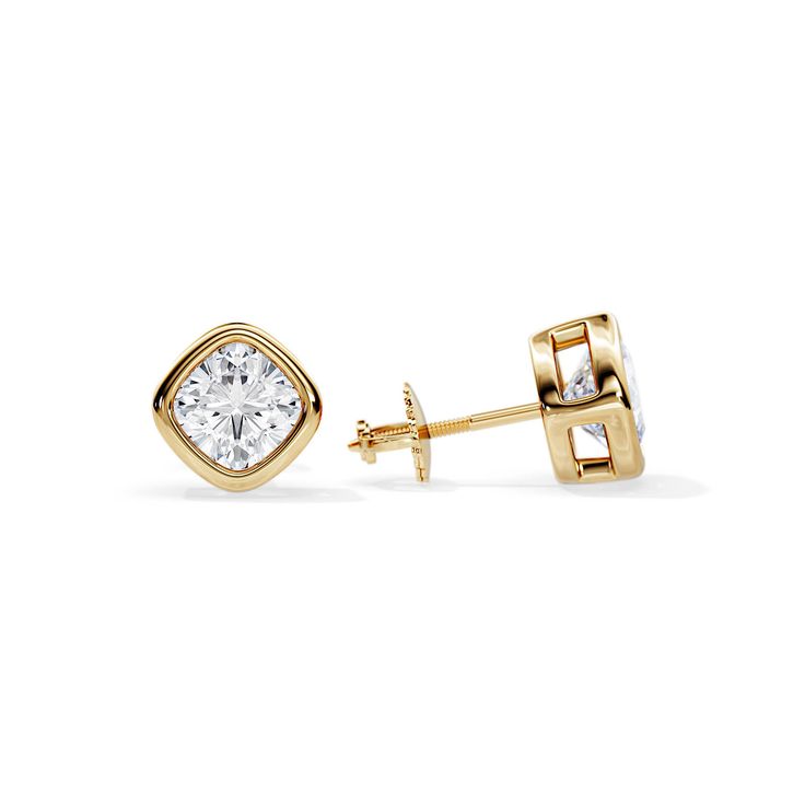 Bezel set cushion moissanite screw back 14k gold minimal earrings ★ Settings ☆ Metal - 14K / 18K Solid Gold ☆ Gold Color - Rose / White / Yellow ⍟ The stone shown in the pictures and video is 1 carat (each earring). ⍟ The price is for a pair of earrings. ★ Main Stones (Variation 1) ☆ Stone - Forever One Moissanite ☆ Brand - Charles & Colvard ✵ Diamond Equivalent Weight : 1 Carat Total / 2pcs of 5mm (0.5ct) 2 Carat Total / 2pcs of 6mm (1ct) ☆ Shape - Cushion ☆ Color - D-E-F ☆ Clarity - VVS ☆ Formal Yellow Gold Brilliant Cut Earrings, Luxury Yellow Gold Cushion Cut Earrings, Luxury Cushion Cut Yellow Gold Earrings, Elegant Cushion Cut Yellow Gold Earrings, Timeless Gold Moissanite Earrings, Formal Fine Jewelry Moissanite Diamond Earrings, Gold Cushion Cut Earrings For Formal Occasions, Formal Moissanite Diamond Earrings, Gold Moissanite Earrings Fine Jewelry