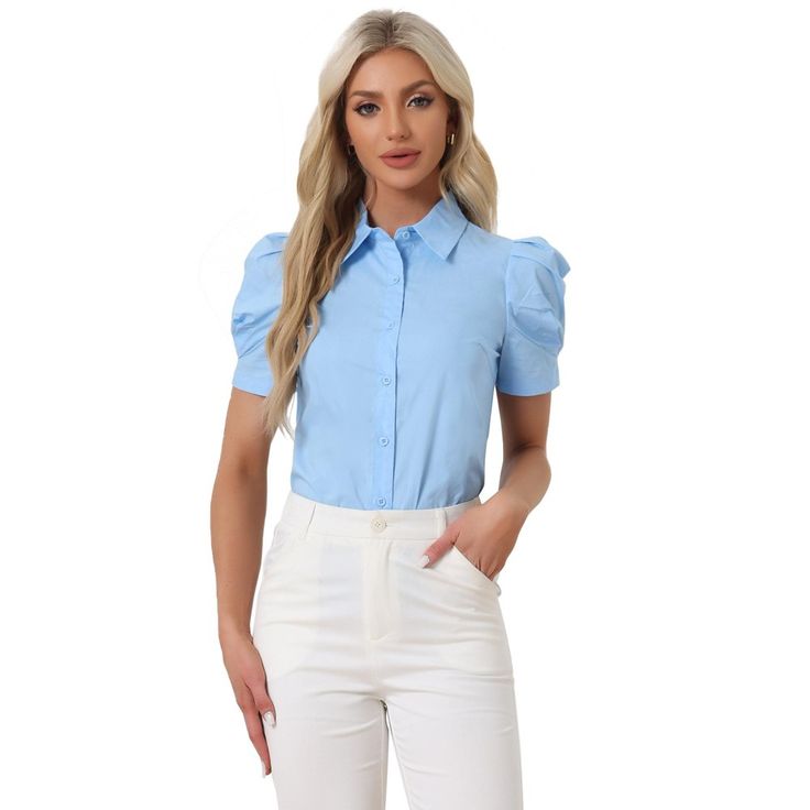 Check out this stylish button-down shirt with a pointed collar, full placket, and puff short sleeves. It's made of lightweight, soft cotton fabric that drapes beautifully and ensures all-day comfort. The short puff sleeves add a feminine touch and detail to any workwear look. Pair this versatile shirt with shorts, work pants, or casual jeans for a chic office ensemble. Fitted Solid Color Short Sleeve Shirt, Daywear Puff Sleeve Shirt With Button Cuffs, Puff Sleeve Shirt With Button Cuffs For Daywear, Puff Sleeve Shirt For Work, Classic Puff Sleeve Shirt With Button Closure, Puff Sleeve Shirt With Button Closure For Work, Trendy Solid Color Puff Sleeve Short Top, Cotton Puff Sleeve Shirt With Button Cuffs, Short-sleeved Office Shirt With Button Cuffs