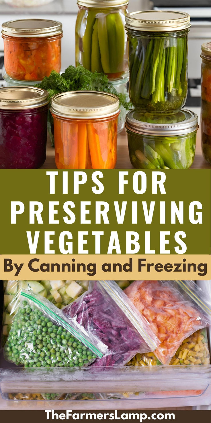 home canned vegetables in glass jars and frozen vegetables in freezer bags with words written that read tips for preserving vegetables by canning and freezing the farmers lamp dot com Canning Vegetables For Beginners, Canning Vegetables From Garden, Vegetables You Can Freeze, Vegetables To Can, Water Bath Canning Recipes Vegetables, Preserving Food From Garden, Preserving Food Ideas, Freezing Garden Vegetables, How To Preserve Garden Vegetables